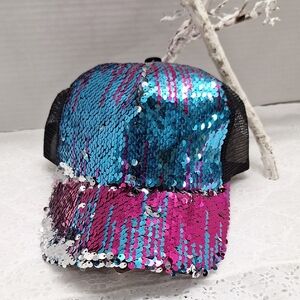 #ADH NWT PONYTAIL Sequin Blue and Pink Cap
